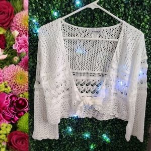 White Knitted Lacy Shrug Cardigan Ties in Front